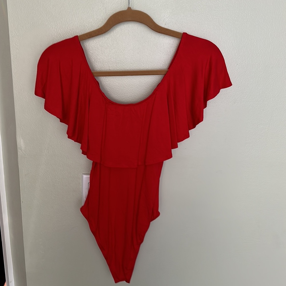 Red Ruffle Off the Shoulder Bodysuit - Picture 3 of 5